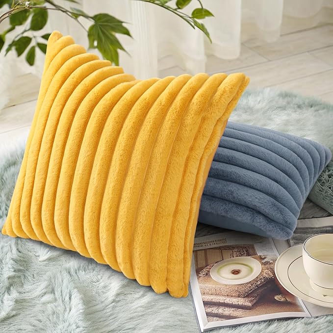 decorUhome Summer Cozy Faux Fur Throw Pillow Covers 18x18 Set of 2 Decorative Soft Plush Striped Modern Farmhouse Boho Couch Pillow Cases with Velvet Back for Sofa Bed Living Room, Mustard Yellow