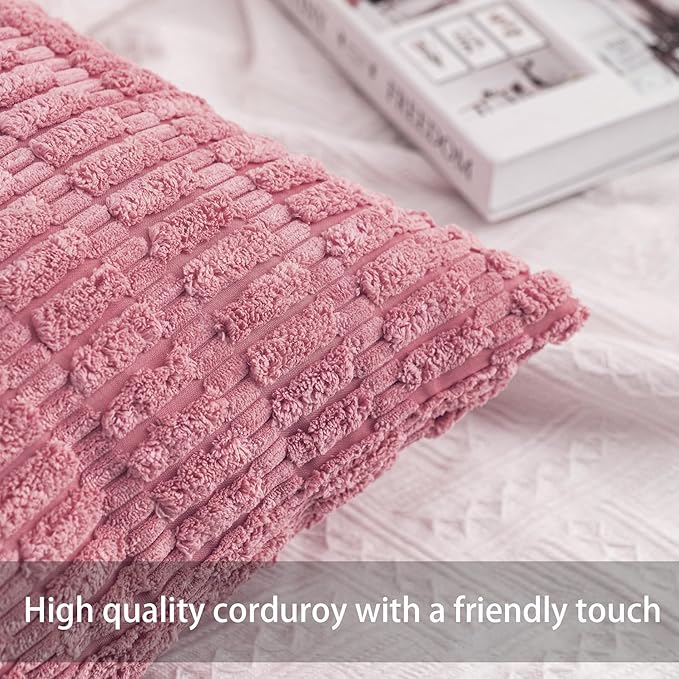 Pack of 2 Corduroy Decorative Throw Pillow Covers 24x24 Inch Soft Striped Pillow Covers Modern Farmhouse Home Decor for Sofa Living Room Couch Bed（Pink）