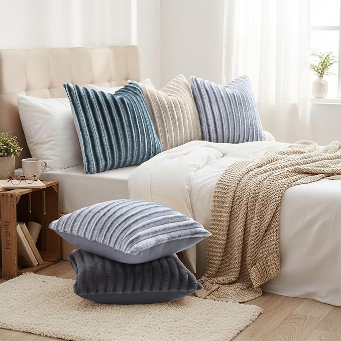 decorUhome Cozy Faux Fur Throw Pillow Covers 22x22 Set of 2 Decorative Soft Plush Striped Modern Farmhouse Boho Couch Euro Sham Pillow Cases with Velvet Back for Sofa Bed Living Roomr, Dark Grey