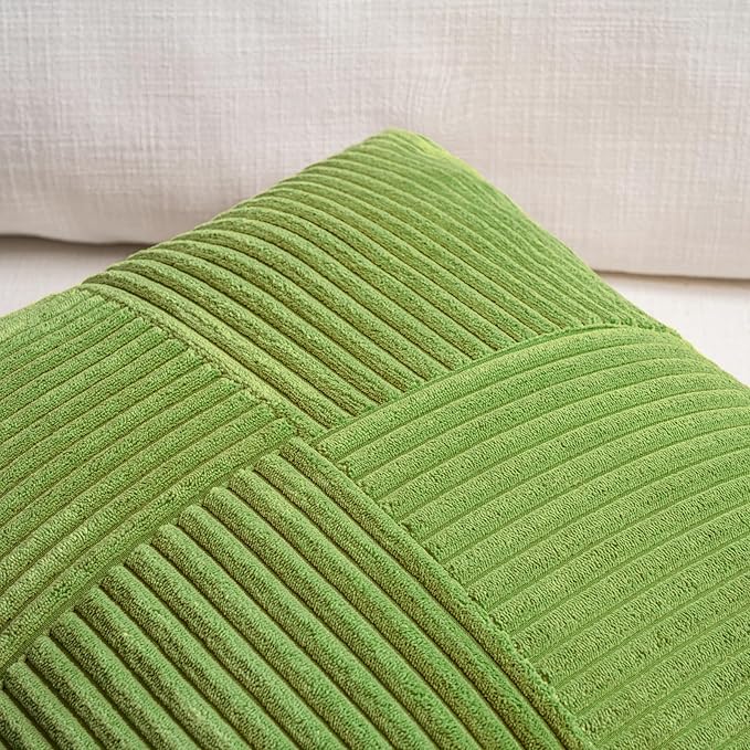Fancy Homi Set of 2 Lime Green Lumbar Decorative Throw Pillow Covers 14x22 Inch for Living Room Bedroom Couch Bed Sofa, Soft Striped Corduroy Modern Rectangle Accent Cushion Case 35x55 cm