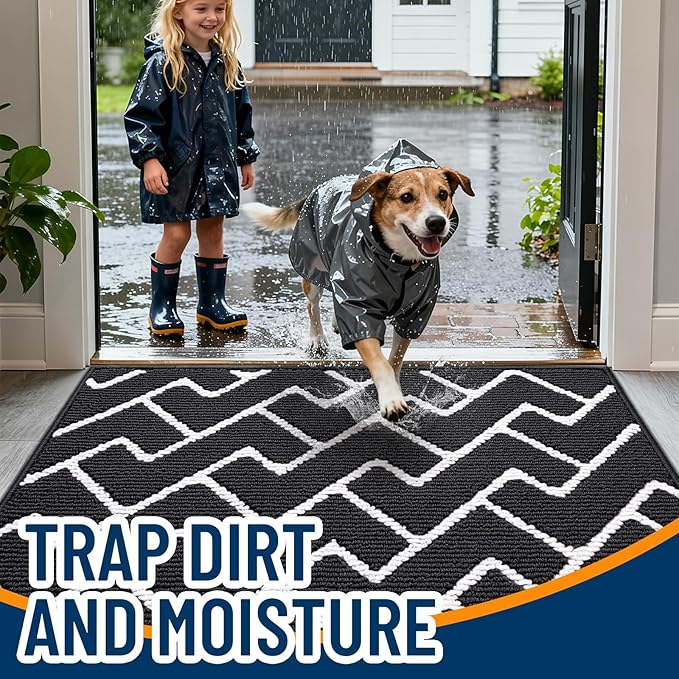 OLANLY Front Door Mat, Non-Slip Rubber Backing, Dirt Resistant and Absorbent, Washable, Easy to Clean Low-Profile Indoor Doormat for Back Door, Entryway, Inside Entrance, 59x35, Deep Black