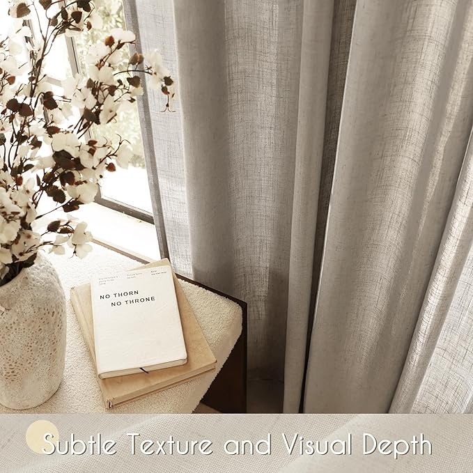 Taupe Linen Curtains 96 inches Long for Living Room Back Tab Rustic Farmhouse Semi Sheer Light Filtering Window Curtain Dining Room Soft Thick Flax Linen Textured Drapes Burlywood Birch Dark Brown