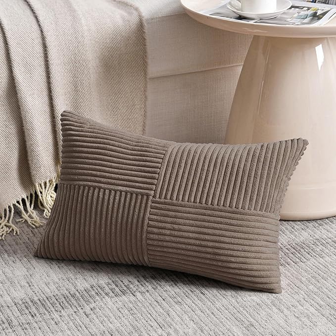 Fancy Homi Set of 2, Light Brown Patchwork Corduroy Decorative Soft Striped Modern Accent Cushion Case Farmhouse Boho Neutral Throw Pillow Covers for Chair Couch Bed Sofa Living Room 24x14 Inch