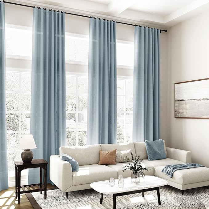 Nanspring Light Blue Linen Curtains 84 Inch Length 2 Panels Set for Living Room Rod Pocket Back Tab Light Filtering Window Drapes for Bedroom Dining Room Protect Privacy Modern Farmhouse Decor 52x84