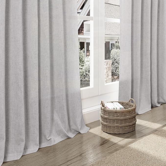 Grey Linen Curtains 102 Inches Long 2 Panels Set for Living Room Extra Long Back Tab Curtains Neutral Farmhouse Light Filtering Semi Sheer Linen Drapes Ceiling to Floor for Large Window