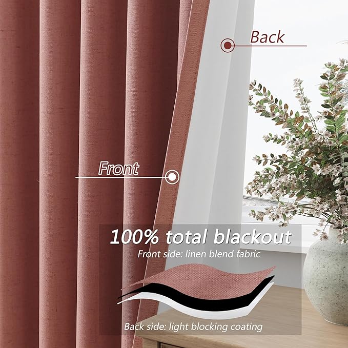 Guken 100% Blackout Curtains 100 Inch Length 2 Panels Set for Girls Bedroom Back Tab Thermal Insulated Black Out Linen Drapes Room Darkening Window Curtains 100 Inches Long,Dusty Rose