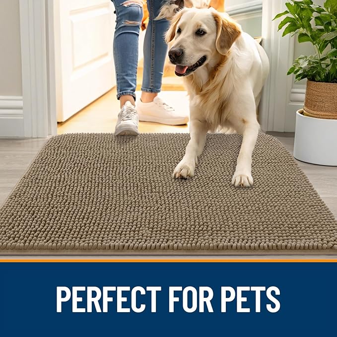 OLANLY Dog Door Mat for Muddy Paws 50x30, Absorbs Moisture and Dirt, Absorbent Non-Slip Washable Doormat, Quick Dry Chenille Mud Mat for Dogs, Entry Indoor Entryway Carpet for Inside Floor, Tan