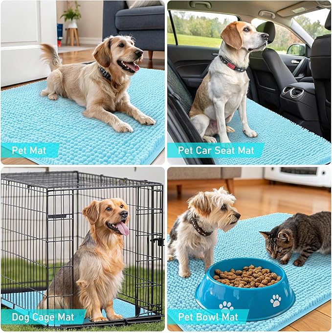 OLANLY Dog Door Mat for Muddy Paws 54x32, Absorbs Moisture and Dirt, Absorbent Non-Slip Washable Doormat, Quick Dry Chenille Mud Mat for Dogs, Entry Indoor Entryway Carpet for Inside Floor, Blue