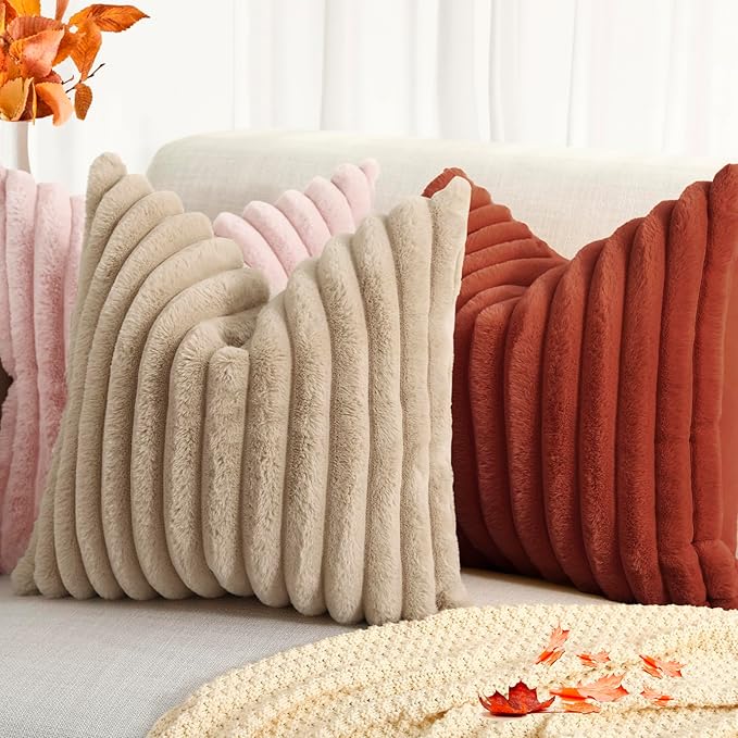 decorUhome Cozy Faux Fur Throw Pillow Covers 26x26 Set of 2 Decorative Soft Plush Striped Modern Farmhouse Boho Couch Euro Sham Pillow Cases with Velvet Back for Sofa Bed Living Room, Rust