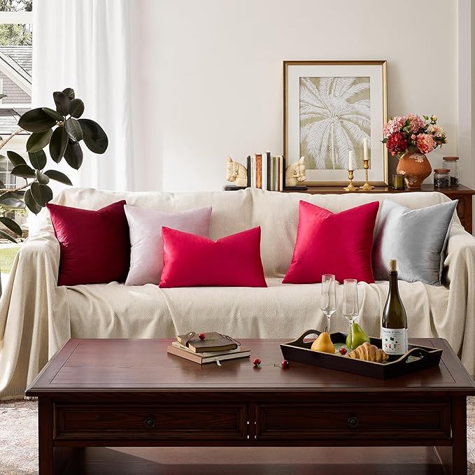 GIGIZAZA Red Velvet 12x20 Decorative Throw Pillow Covers for Sofa Bed 2 Pack Soft Cushion Cover