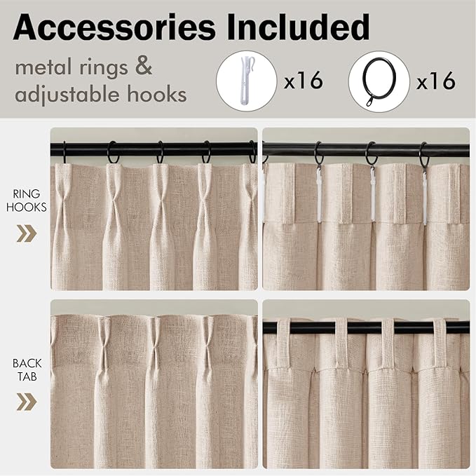 MIULEE Pinch Pleated Thick Linen Curtains 96 Inches Long 2 Panels for Living Room Bedroom, Memory Trained Pleat Drapes Light Filtering Sand Beige Semi Sheer Window Curtains Hooks Rings Back Tab