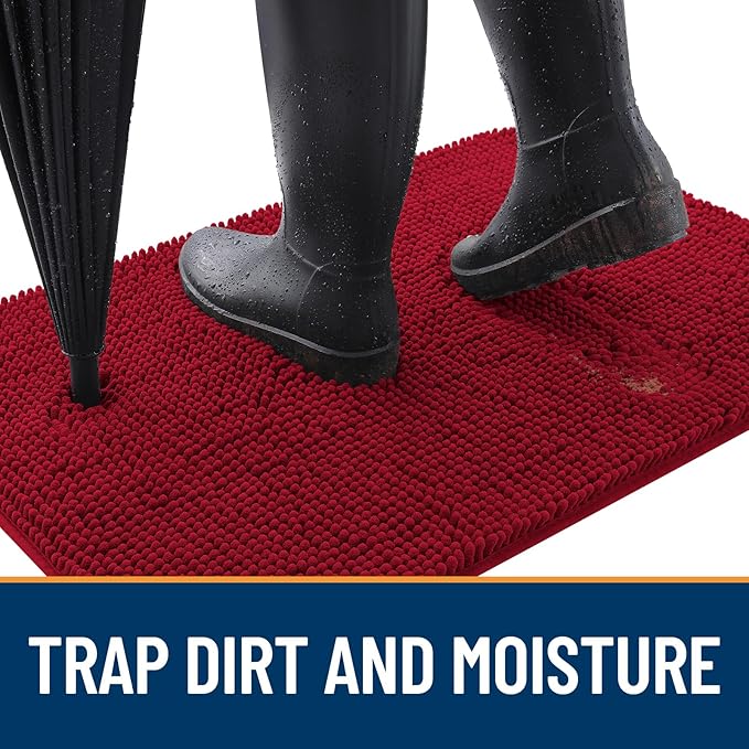 OLANLY Dog Door Mat for Muddy Paws 32x20, Absorbs Moisture and Dirt, Absorbent Non-Slip Washable Doormat, Quick Dry Chenille Mud Mat for Dogs, Entry Indoor Entryway Carpet for Inside Floor, Red