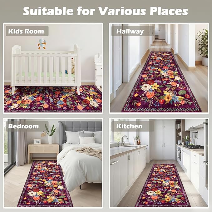 Rug for Hallways Kitchen Rug 2x6, Non Slip Washable Rugs with Rubber Backing Soft Floral Carpet Runner for Hallways, Kitchen, Laundry, Bedroom, Bathroom (2 x 6, Purple)