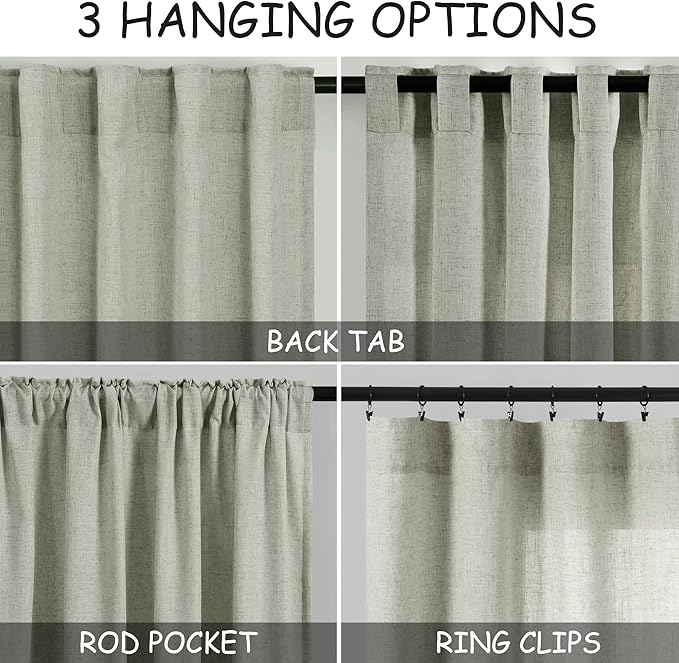 Nanspring Sage Green Curtains 80 Inches Length for Living Room Back Tab Rod Pocket Semi Sheer Linen Drapes Muted Neutral Boho Pale Green Linen Textured Window Curtain for Dining Room 52X80 Inch