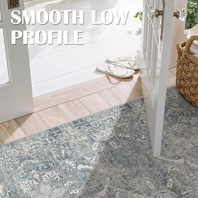 4x10 Washable Hallway Runner Rug - Wide Kitchen Runners Vintage Low Pile Carpet Soft Thin Floor Runner with Rubber Backing for Entryway Bedroom Living Room Home Decor (Blue)