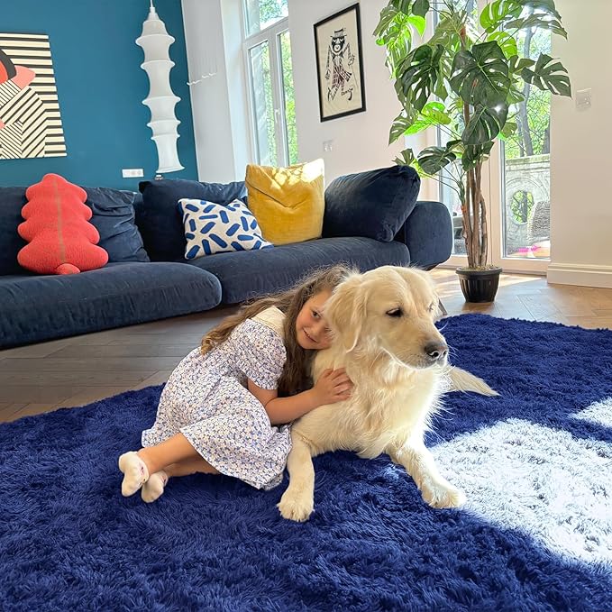 OLANLY 7x8 Machine Washable Large Area Rugs for Living Room, Bedroom, Soft Fluffy Shaggy Bedside Rug, Indoor Floor Carpet for Kids Girls and Boys, Dorms, Nursery, Home Decor Aesthetic, Navy Blue