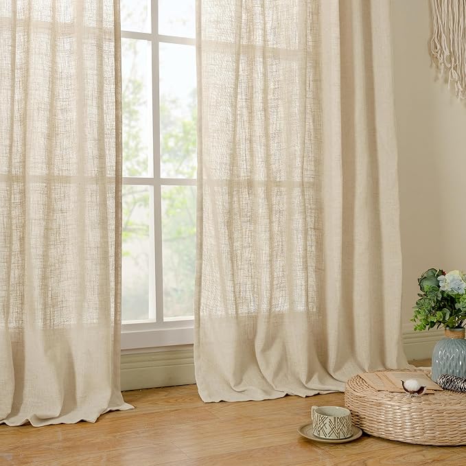 LAMIT Light Filtering Linen Curtains 72 Inches Long for Bedroom, Linen Textured Semi Sheer Back Tab and Rod Pocket Boho Drapes for Window/Living Room, Linen, 2 Panels, 34 x 72 Inch