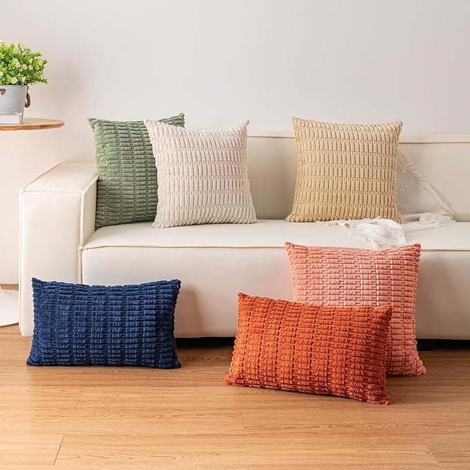 Pack of 2 Corduroy Decorative Throw Pillow Covers 16x16 Inch Soft Striped Pillow Covers Modern Farmhouse Home Decor for Sofa Living Room Couch Bed（Sage Green）