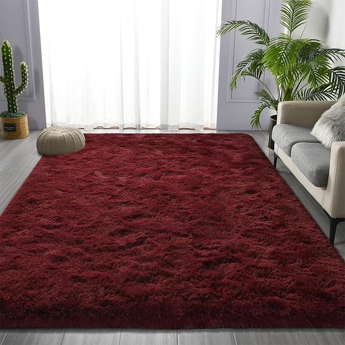 Deerhoo Shag Area Rug, 4 X 6 Plush Fuzzy Rugs for Living Room, Ultra Soft Fluffy Furry Rug for Bedroom, Indoor Carpet Nursery Rugs for Kids Room Home Decor, Burgundy