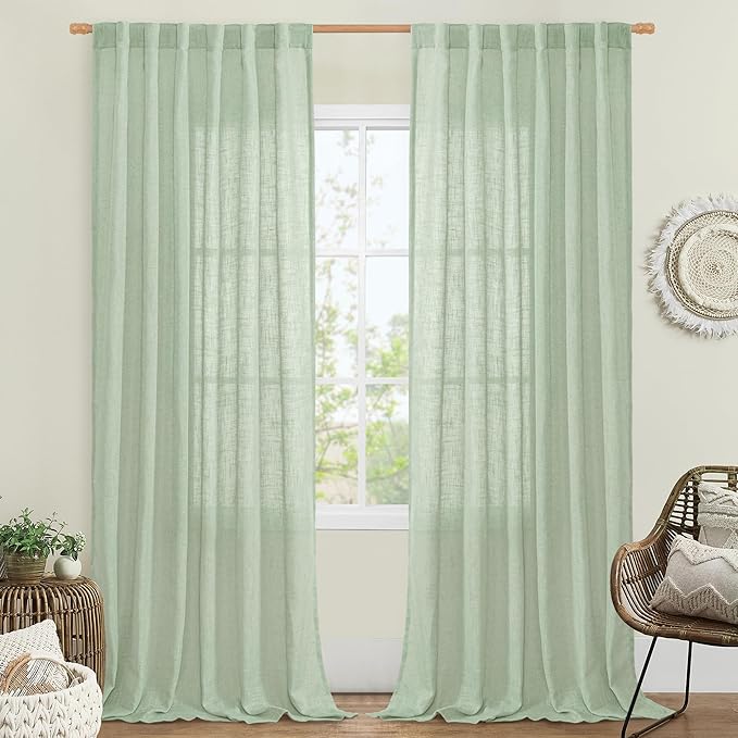 LAMIT 95 Inches Long Fresh Green Linen Curtains for Living Room, Back Tab and Rod Pocket Semi Sheer Curtains Light Filtering Farmhouse Drapes for Bedroom/Dining Room, Set of 2, 52 x 95 Inch