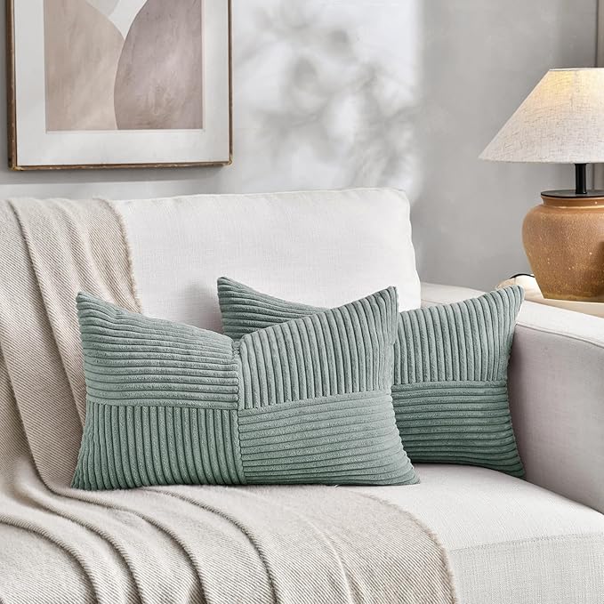 Fancy Homi 2 Packs Grey Blue Lumbar Decorative Throw Pillow Covers 16x32 Inch for Living Room Couch Bed, Rustic Farmhouse Boho Home Decor, Soft Striped Corduroy Rectangle Accent Cushion Case 40x80 cm