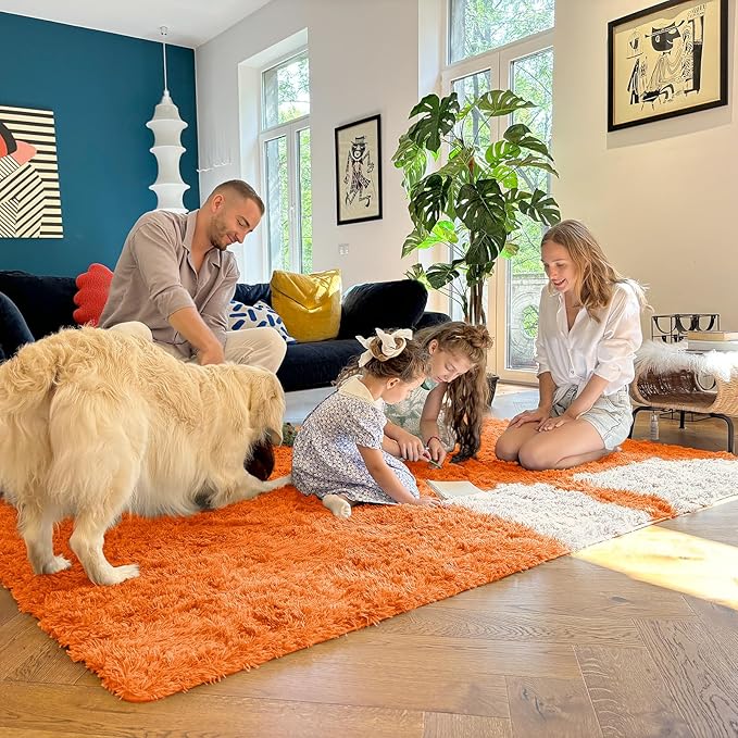 OLANLY 8x10 Machine Washable Large Area Rugs for Living Room, Bedroom, Soft Fluffy Shaggy Bedside Rug, Indoor Floor Carpet for Kids Girls and Boys, Dorms, Nursery, Home Decor Aesthetic, Orange