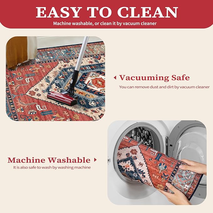 SERISSA 5x8 Area Rugs for Living Room, Large Washable Non-Slip Boho Rug, Ultra Soft Vintage Rust Oriental Tribal Print Distressed Carpet for Bedroom Dining Room Dorm Office Home Decor