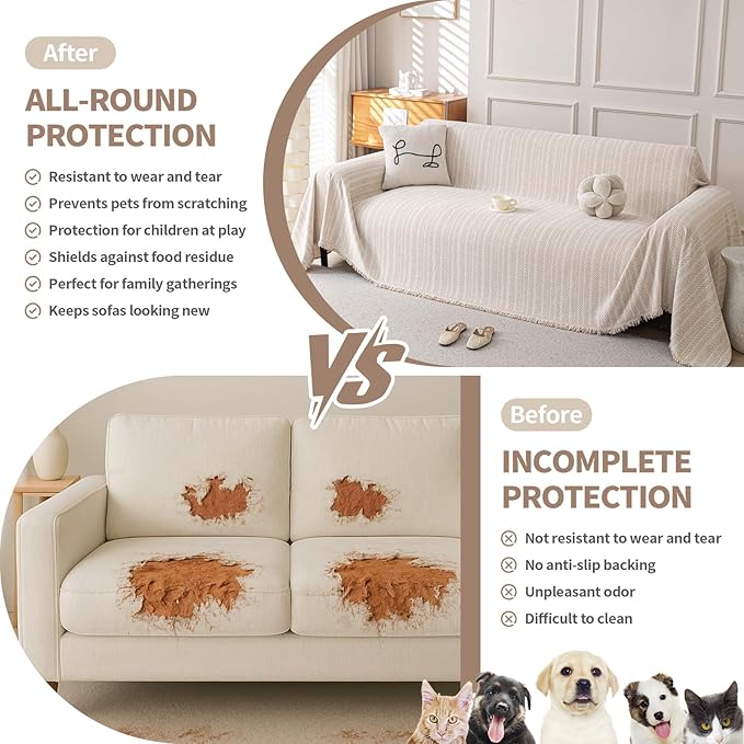 Boho Chenille Couch Cover for Dogs, Non Slip Sofa Cover, Couch Slipcover Covers for 3 Cushion, Furniture Protector with Tassels for Pets Washable, 71"x134", Fishbone Beige