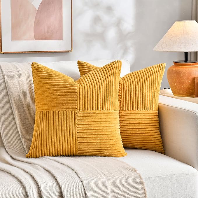 Fancy Homi 2 Packs Gold Yellow Euro Decorative Throw Pillow Covers 26x26 Inch for Couch Bed Sofa, Rustic Farmhouse Boho Home Decor, Soft Corss Corduroy Patchwork Textured Square Cushion Case 66x66 cm