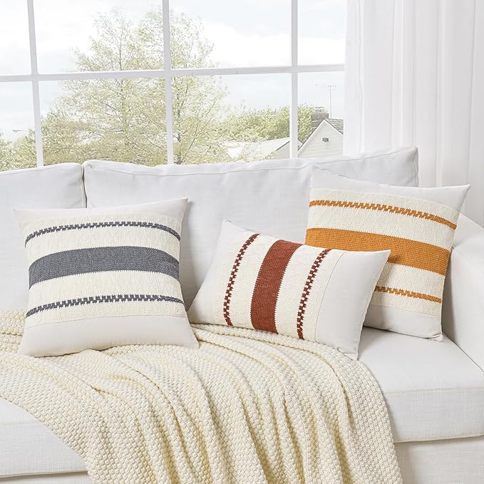 Fancy Homi Set of 1 Neutral Grey Farmhouse Decorative Throw Pillow Covers 18x18 Inch for Couch Bed Chair Indoors, Vintage Country Rustic Retro Room Decor, Soft Thick Cotton Handmade Woven Cushion Case