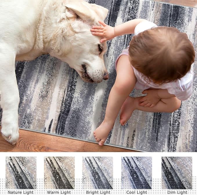 Lansny Modern Abstract 9x12 Large Machine Washable Living Room Rug Non-Slip Soft Bedroom Area Rug Grey Black Multi Ultra Thin Print Faux Wool Carpet Throw Rugs for Nursery Playroom Dining Room Indoor