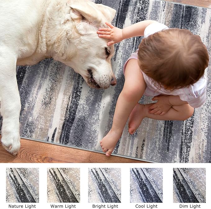 Lansny Modern Abstract Hallway Runner Rug, Grey Black Multi Washable Kitchen Runner Non-Slip Soft 2x8 Runner Rug Thin Print Faux Wool Carpet for Entryway Bedroom Laundry Room Indoor Home Decor