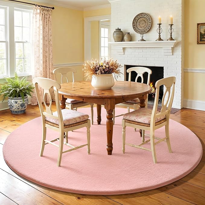 Amearea Pink Round Area Rugs 5ft Washable Circle Rugs for Bedroom Living Room, Fluffy Indoor Thickened Memory Foam Rug, Non Slip Minimalist Circular Carpet for Kids Boys Girls Dorm Nursery Room Decor