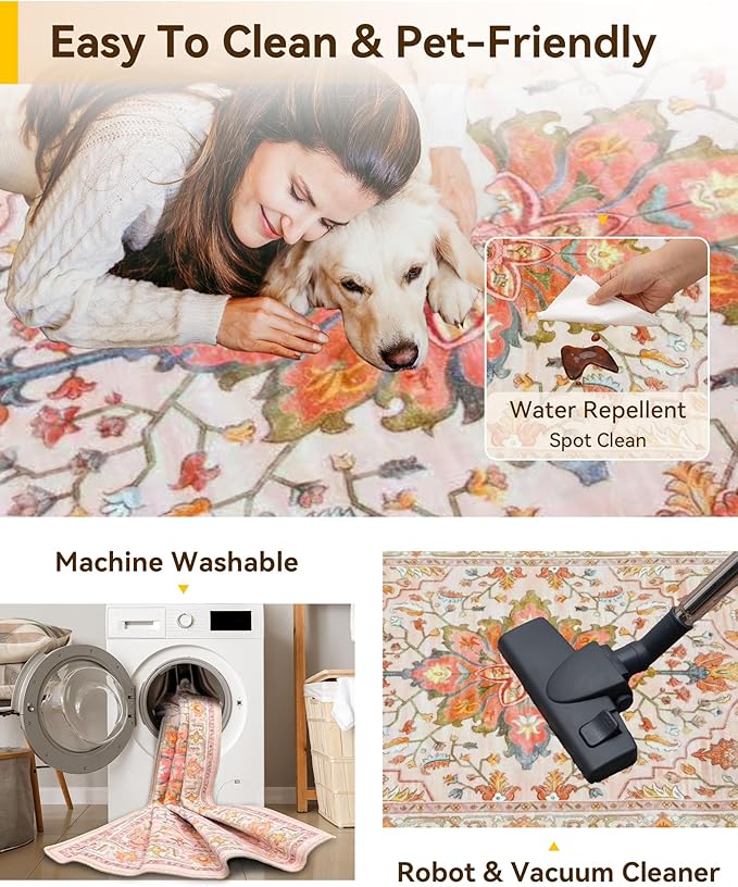 RELEANY Area Rugs 9'x12' Washable Non-Slip, Floral Vintage Distress Print Pattern Medallion Carpet for Living Room Bedroom Dining Room, Light Pink Colorful