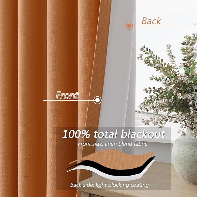 Guken Orange 100% Blackout Linen Curtains 90 Inch Length 2 Panels Set for Living Room Bedroom Back Tab Thermal Insulated Black Out Drapes Room Darkening Farmhouse Window Curtains 90 Inches Long