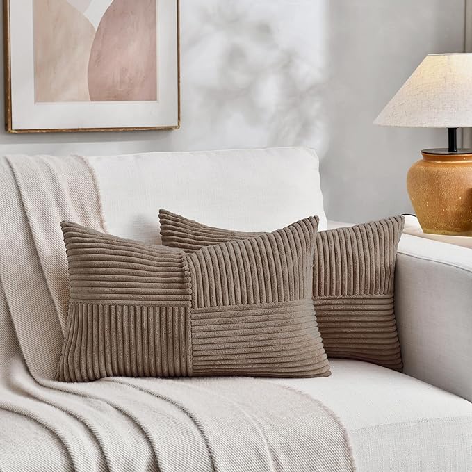 Fancy Homi Set of 2, Light Brown Patchwork Corduroy Decorative Soft Striped Modern Accent Cushion Case Farmhouse Boho Neutral Throw Pillow Covers for Chair Couch Bed Sofa Living Room 20x12 Inch