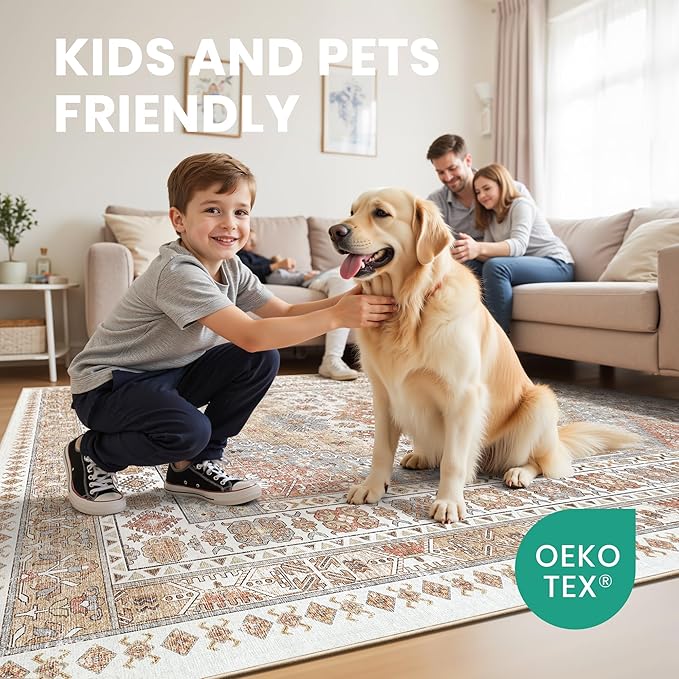 zesthome 5x8 Area Rugs - Ultra-Thin Washble Rug, Stain Resistant Anti Slip Backing Rugs for Living Room,Bedroom, Vintage Home Decor Area Rug (Orange,5'x8')