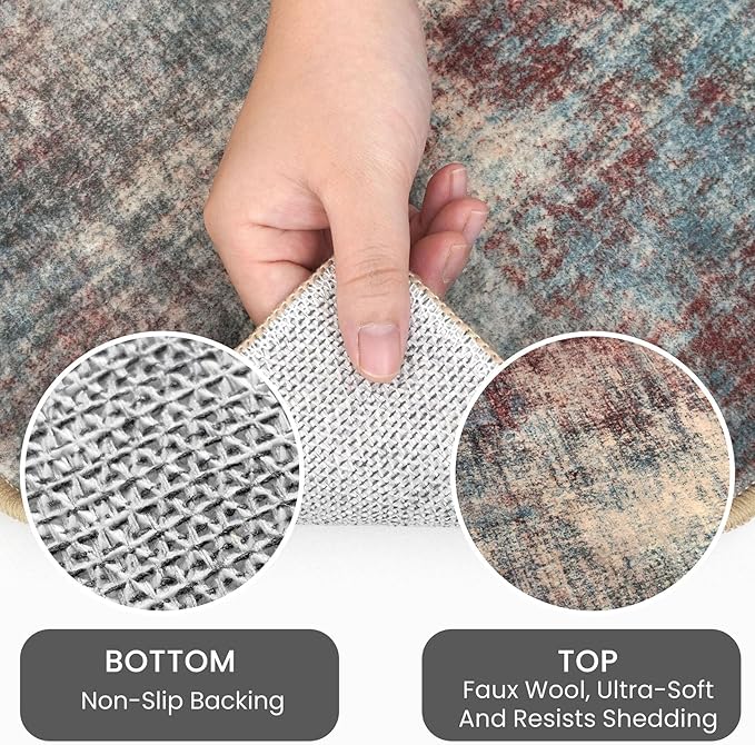 IOHOUZE Abstract Area Rugs 8x10 Ft Washable Large Rugs for Living Room, Non Slip Dining Room Rug, Printed Faux Wool Rugs for Bedroom, Floor Carpet for Office Nursery Playroom, Red/Multi