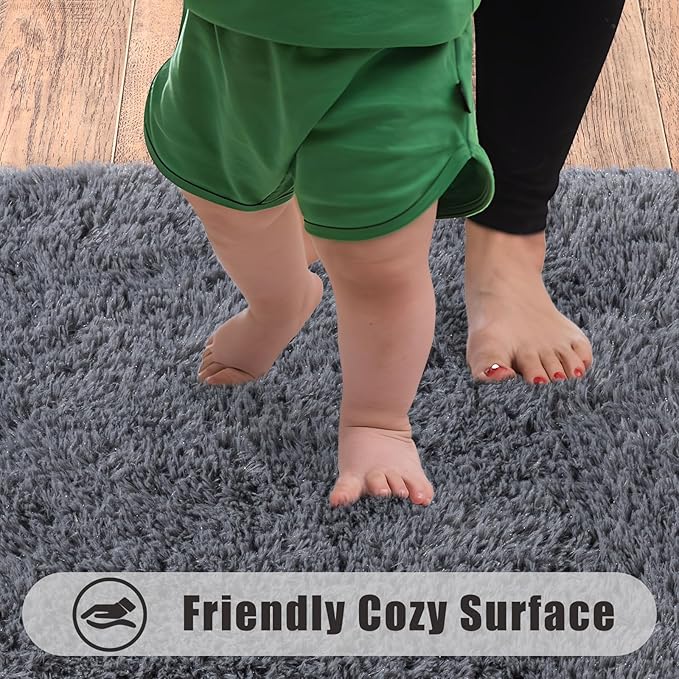Ultra Soft Runner Rugs for Bedroom Hallways with Upgraded Non-Slip Rubber Backing & Thick Memory Sponge, 2 Packs 2x4 Feet Fluffy Shag Throw Area Rug for Bedside Dorm Dark Grey