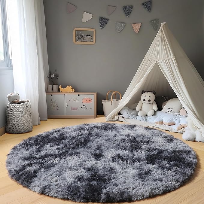 ONASAR Round Rugs 6ft for Living Room Bedroom, Tie-Dyed Dark Grey Fluffy Circle Area Rug for Kids Girls Boys Teen, Soft Plush Shaggy Carpet for Nursery Dorm Classroom Playroom Home Decor Aesthetic