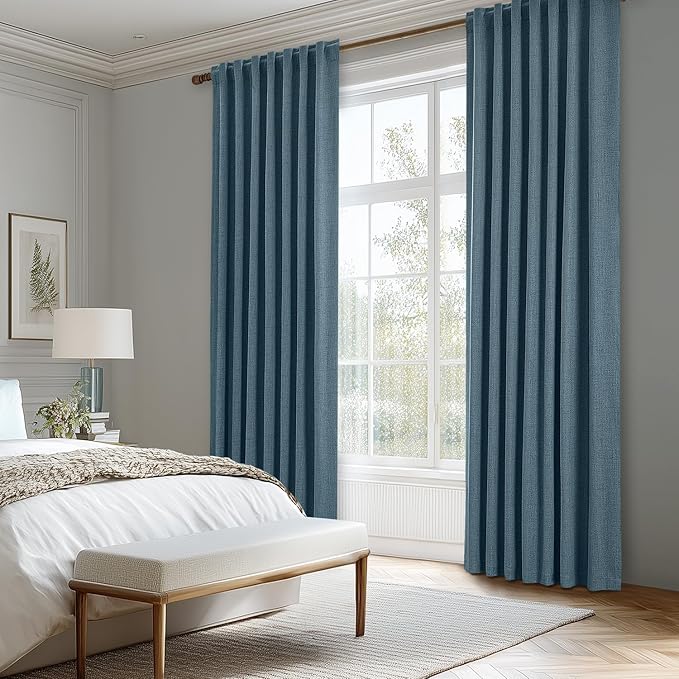 MIULEE 100% Blackout Linen Curtains for Bedroom, Stone Blue Solid Luxury Decor Thermal Insulation Room Darkening Drapes for Living Room Nursery Back Tab Rod Pocket 42 x 72 Inches, 2 Panels