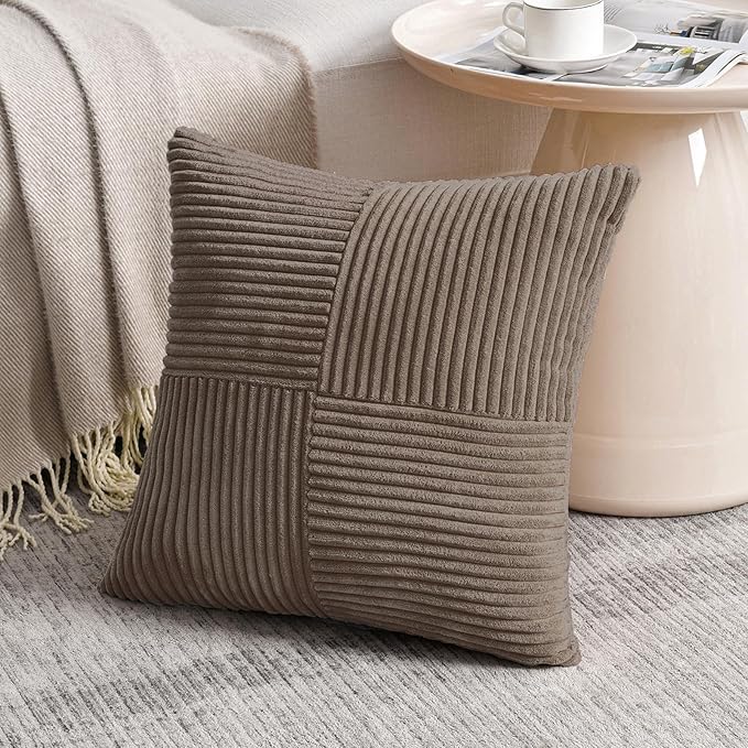 Fancy Homi Set of 2, Light Brown Patchwork Corduroy Decorative Soft Striped Modern Accent Cushion Case Farmhouse Boho Neutral Throw Pillow Covers for Chair Couch Bed Sofa Living Room 24x24 Inch