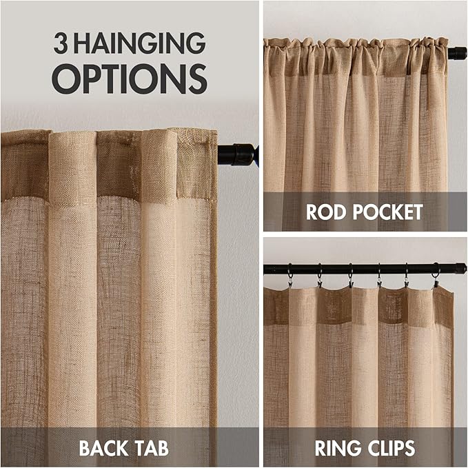 MIULEE Brown Linen Curtains 90 Inches Long for Bedroom Living Room, Soft Thick Linen Textured Window Drapes Semi Sheer Light Filtering Back Tab Rod Pocket Burlap Look Farmhouse Decor, 2 Panels Set