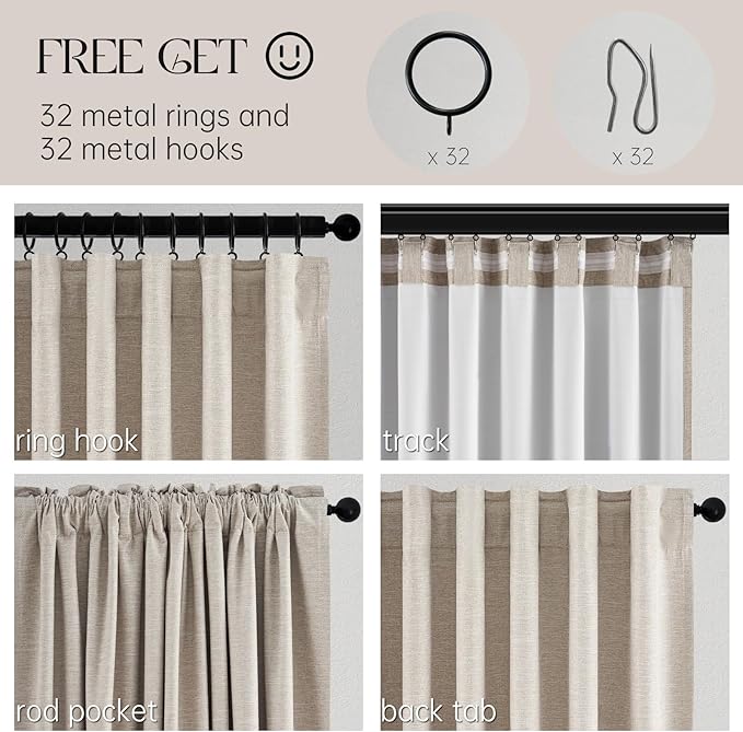 Topfinel Black Out Rustic 96 Inch Long Linen Curtains 2 Panel Set, Modern Farmhouse Greige Grey Curtains for Living Room, Room Darkening Tab Top Noise Reduction Textured Drape 8FT Hook&Ring Included