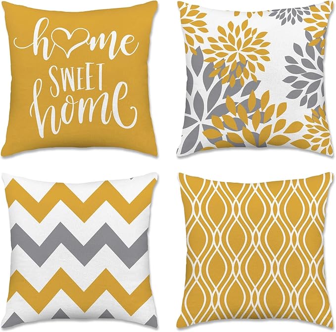 Hexagram Geometric Yellow Pillow Covers 20x20 Set of 4, Decorative Outdoor Boho Modern Throw Pillow Covers, Home Sweet Home Farmhouse Cushion Case for Couch Sofa Bedroom Indoor Decor(No Insert)
