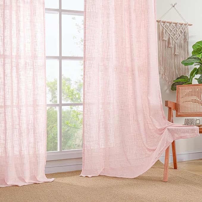 LAMIT 72 inch Pink Linen Curtains for Living Room 2 Panels, Linen Textured Light Filtering Semi Sheer Back Tab and Rod Pocket Farmhouse Curtain Panels for Bedroom/Farmhouse, 52 x 72 Inch