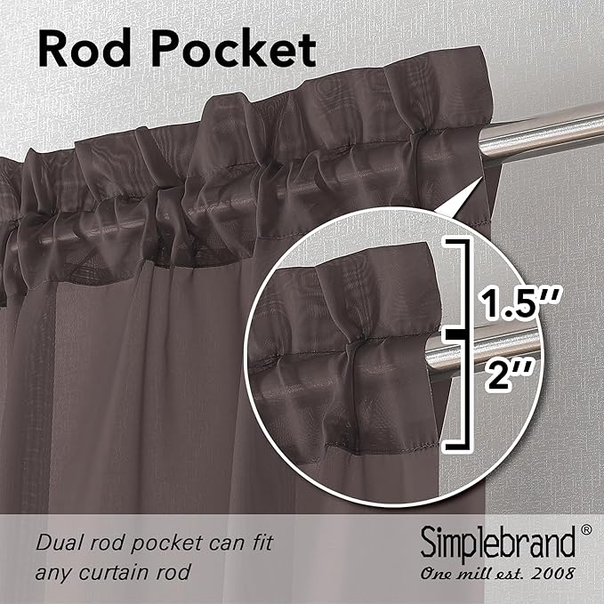 Simplebrand Chocolate Short Sheer Kitchen Curtains 36 Inch Length Tier Rod Pocket Cafe Drapes Half Window for Bathroom Small Windows 42 x 36 Inch, 2 Panels