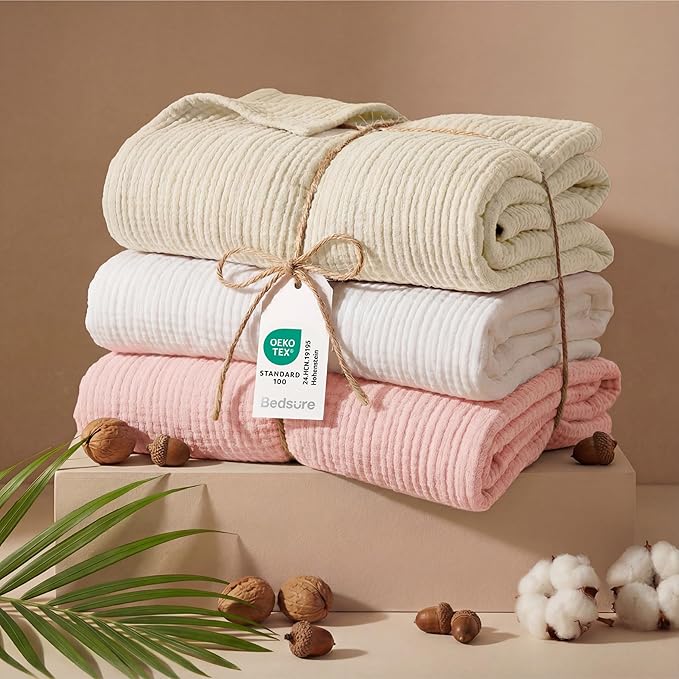 Bedsure 100% Cotton Muslin Blanket Queen Size for Bed - 4-Layer Breathable and Lightweight Thin Soft Summer Gauze Muslin Blankets for Adults, Pink, 90x90 Inches