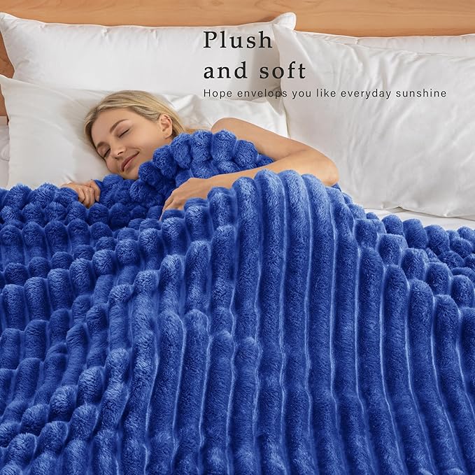 Exclusivo Mezcla Queen Size Flannel Fleece Blanket, Super Soft Striped Jacquard Bed Blanket, Lightweight Fuzzy Cozy for All Seasons, 90x90 Inches, Cobalt Blue