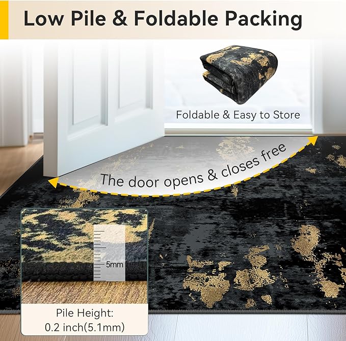 Washable Area Rugs 3x12 Non-Slip Modern Abstract Soft for Living Room Entryway Bedroom Nursery, Print Pattern, Dark Black Gold